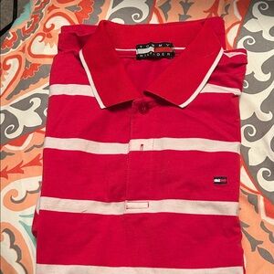 Tommy Hilfiger Red and White Striped Polo Shirt